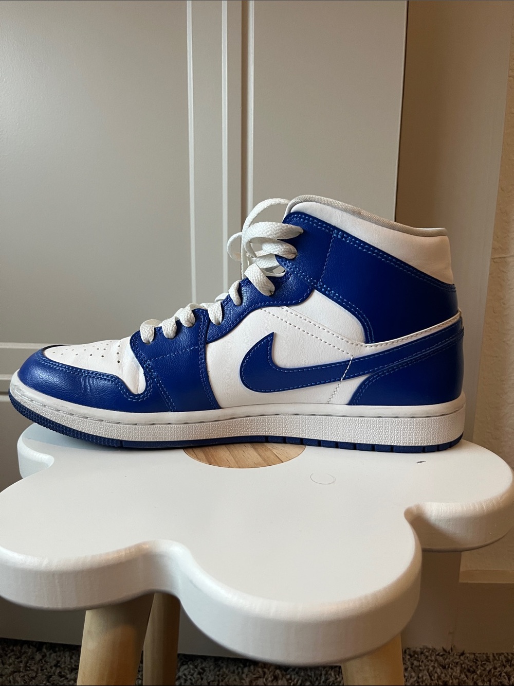 Women’s High-Top Nike Jordans - White and Royal Blue
